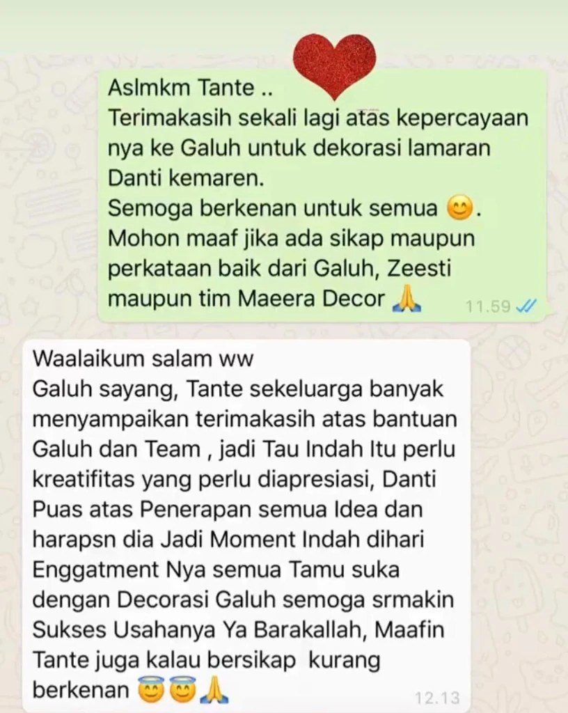 Tangkapan layar WhatsApp chat testimoni dekorasi lamaran Danti oleh Maeera Decoration