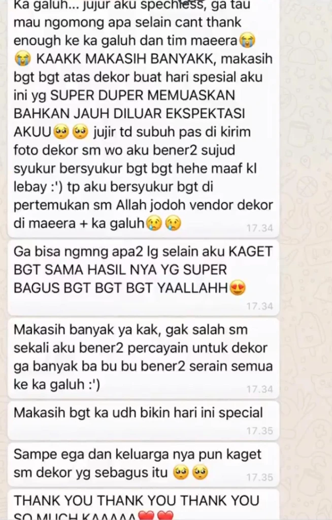 Tangkapan layar WhatsApp chat testimoni kepuasan dekorasi pernikahan oleh Maeera Decoration