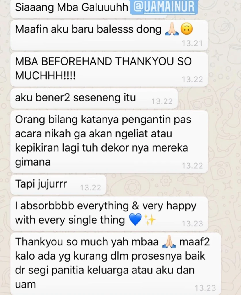 Tangkapan layar WhatsApp chat testimoni kebahagiaan pengantin oleh Maeera Decoration